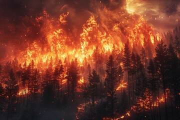 Wildfire raging through a forest - obrazy, fototapety, plakaty