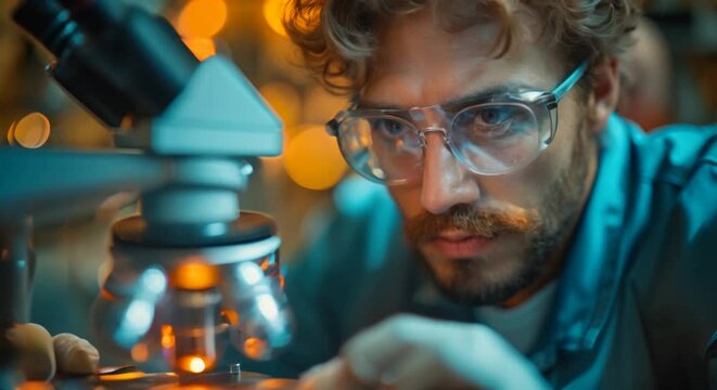 Biomedical engineer with a microscope