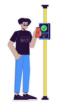 Hispanic young man paying fare with nfc phone 2D linear cartoon character. Bus commuter latino male isolated line vector person white background. Contactless payment color flat spot illustration