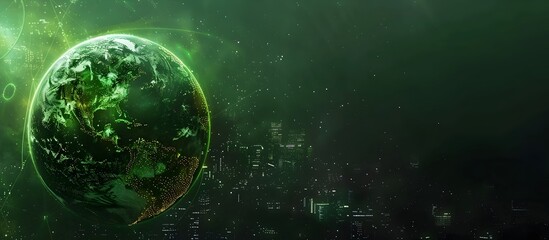 Green planet Earth with green energy and city on a dark background, a futuristic concept of global technology