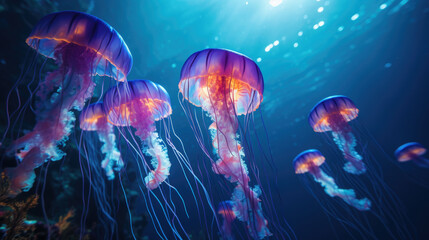 Luminous jellyfish swim deep in the blue sea jellyfish neon jellyfish fantasy water long strings - obrazy, fototapety, plakaty