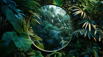 Fototapeta na wymiar Round mirror in the jungle. Reflection of wild nature