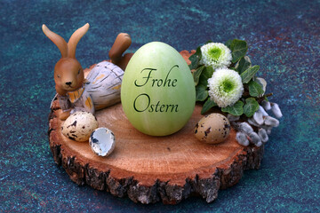 Grußkarte Frohe Ostern: Osterei mit der Beschriftung Frohe Ostern mit Blumen.