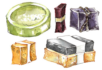 Handmade soap. A set of round, square and rectangular soap bars in natural shades of green, burgundy, purple, gray, orange. hand drawn watercolor illustration isolated on white background