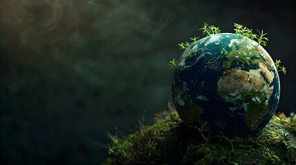Obraz na płótnie Canvas The earth with growing plants on top, dark background, green earth concept for world environment day or global warming and ecology idea, banner with copy space area