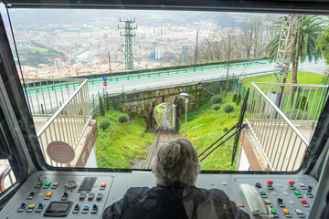 interior of the cabin of the Artxanda funicular, Artxanda Ko making the descent with the driver...