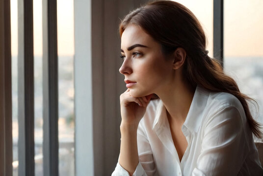 Domestic lifestyle concept. Portrait cute sad young woman in white shirt deep thinking and looking through window while sitting indoors. Spend time at cozy home. Copy space