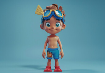 A 3D cartoon cute boy character wearing swim goggles and flippers