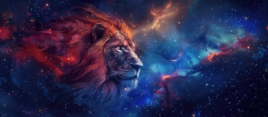Obraz na płótnie Canvas African lion, mane infused with stardust, gazes nobly against a backdrop of celestial bodies, nebulae, and a distant planet, embodying cosmic majesty.