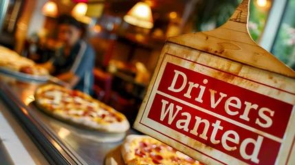  detail of a of a "drivers wanted " sign displayed inside a pizzeria - pizza delivery drivers concept © juancajuarez