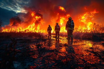 Emergency responders fight fire with raging forest in sight - obrazy, fototapety, plakaty