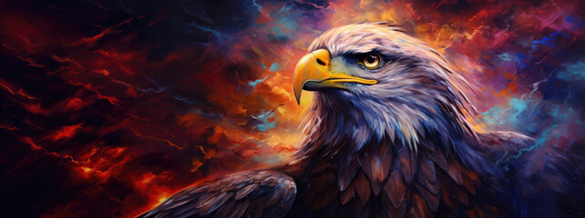 Eagle soars with outstretched wings against dynamic cosmic backdrop, feathers echoing the colors of nebulae, stars, and the ethereal beauty of space.