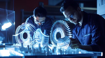 Team of Mechanics Working with a Machine in a Light Sculpture Style