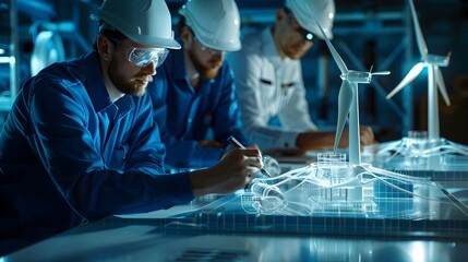 Engineers Working on Wind Turbines in Industrial Design, Engineer Working on Wind Turbine Model in Industrial Landscape,
Urban Cityscape with Workers Building Model of Wind Turbine