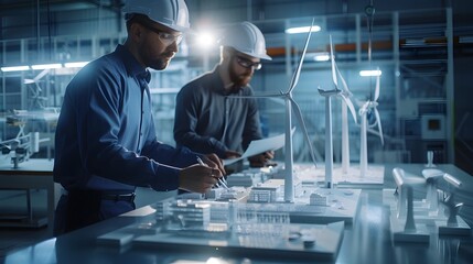 Wind power model city design,
Engineers design cities using clean energy,
Engineer Working on Wind Turbine Model in Industrial Landscape,
Urban Cityscape with Workers Building Model of Wind Turbine