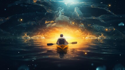 Drone view of One man in a kayak. above the water in the ocean,A yellow light from the bow - obrazy, fototapety, plakaty