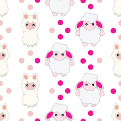 Seamless pattern with cute sheep on blue. Vector background for kids.