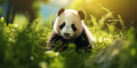 Obraz premium Serene Panda Cub Enjoying Sunlight in Lush Greenery