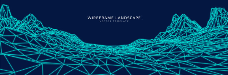 Wireframe landscape. Futuristic 3d mesh background. Digital polygonal hills technology. Vector illustration. - obrazy, fototapety, plakaty