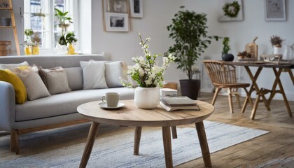 Fototapeta na wymiar table and chairs in cafe, Round wood coffee table against white sofa. Scandinavian home interior design of modern living room