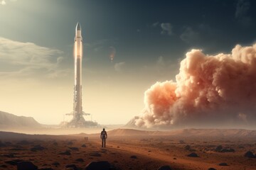 Astronaut Witnessing Rocket Launch on Distant Planet