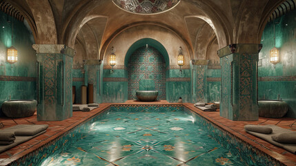 The interior of a Turkish bath, known as a hammam, provides a warm and humid atmosphere where individuals can unwind and purify their bodies through relaxation and cleansing - obrazy, fototapety, plakaty