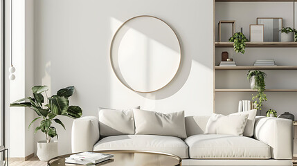 Round shape mockup photo frame fabric border, on book shelf in modern living room, 3d render