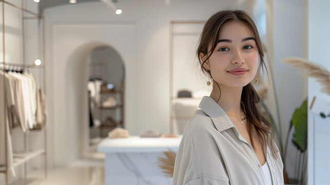 a young woman poses elegantly in a luxury clothing store with a minimalist design. With a background of white walls and elegant furniture, Ai generated Images