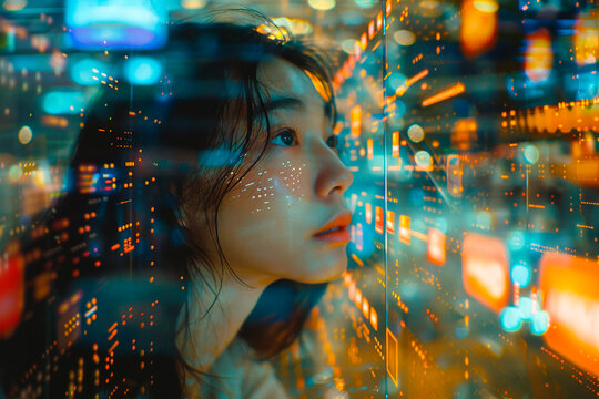 Double exposure image blending a woman's silhouette with a vibrant city lights background