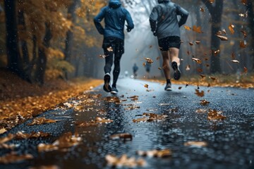Autumn Training Runners Pound the Wet Pavement in a Forest, Amid Falling Leaves and Fog