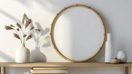 Round shape mockup photo frame bamboo border, on book shelf in modern living room, 3d render