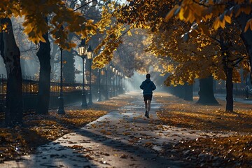 Fototapeta premium Autumn Morning Runner Finds Vitality and Freedom in Parks Golden Hues