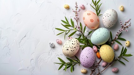 Obraz na płótnie Canvas Easter decoration colorful eggs on white background with copy space. Beautiful colorful easter eggs. Happy Easter. Isolated.