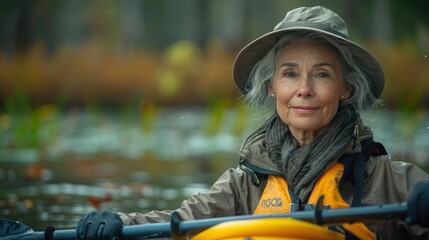 Rear view of woman riding kayak in stream with background
