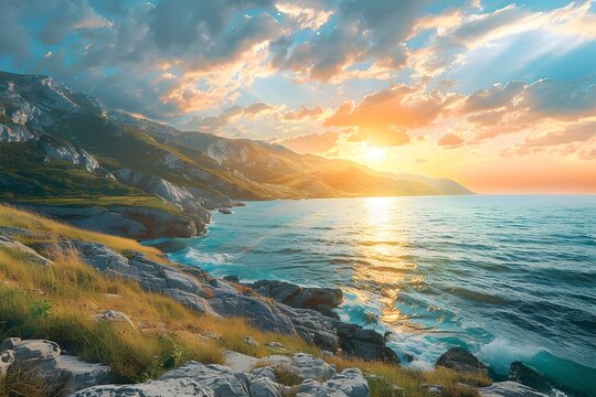 Sunset Mountains Meet Turquoise Sea in a Serene Summer Landscape