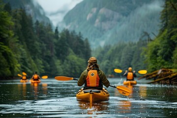 Kayaking Expedition Through Serene Pacific Northwest River and Lush Green Forests