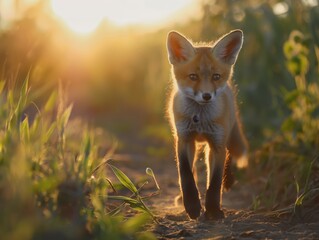 A cute young fox captured in natural lighting at dusk, creating a warm, serene atmosphere.
