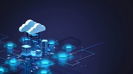 Cloud storage for downloading an isometric. A digital service or application with data transmission. Network computing technologies - obrazy, fototapety, plakaty