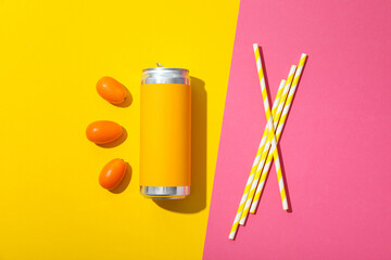 Tin can, kumquats and straws on yellow and pink background, top view