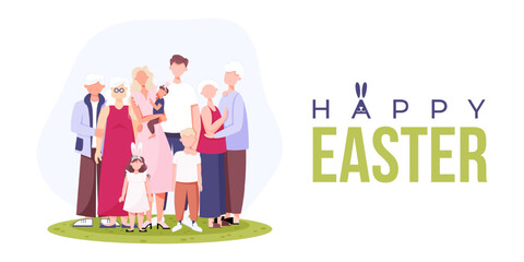 Happy Easter. Big family celebrating. Mom, dad, son, daughter, grandparents character full body portrait. Flat cartoon vector illustration.