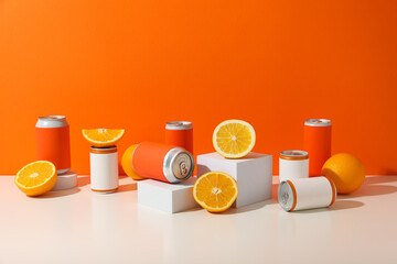 Tin cans and oranges on orange background, space for text
