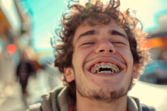 happy man with braces ,dentist treatment concept
