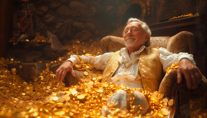 A smiling, happy, wealthy elderly man sits in a chair surrounded by wealth, gold, banknotes.