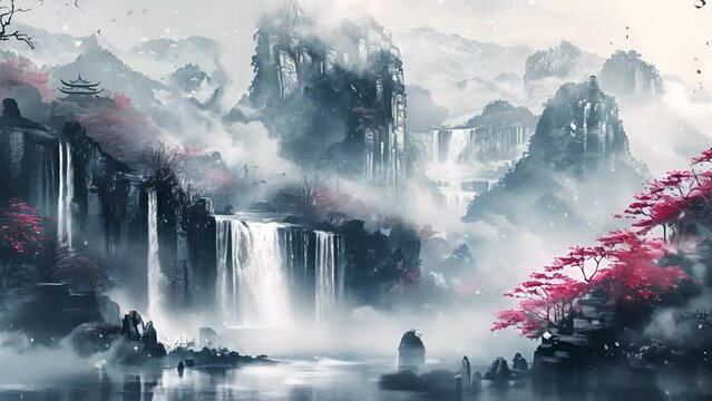 山の崖から流れ落ちる滝と自然風景,Generative AI 