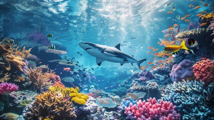 Fototapeta na wymiar underwater coral reef landscape 16to9 background in the deep blue ocean with colorful fish and marine life