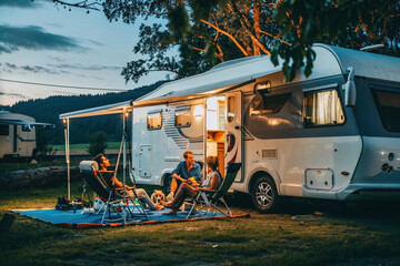 A family enjoys quality time together having a meal outside their modern caravan during a camping trip