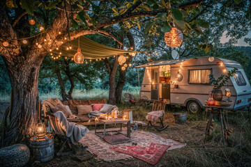 A tranquil and cozy outdoor caravan setup under a tree adorned with warm lights and comfortable sitting arrangements