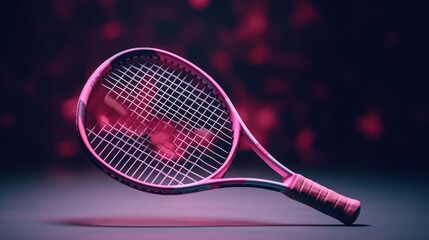 Pink tennis racket and pink ball on pink background. Horizontal sport theme poster