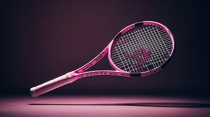 Pink tennis racket and pink ball on pink background. Horizontal sport theme poster