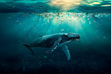 Obraz premium 海洋ゴミの中を泳ぐクジラ